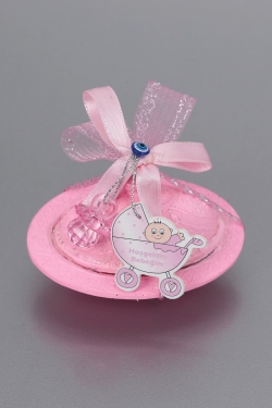 Nikahseker Schachtel Porzellan Rosa mit Schnuller Schleife und Babyanhänger