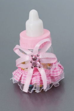 Nikahseker Babyflasche in Rosa mit Schleife und Teddybärfigur Mädchen Geburt