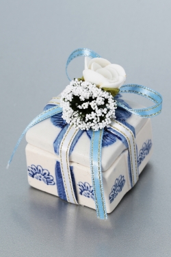 Nikahseker Schachtel Bedruckt mit blauweißer Schleife und Blume 